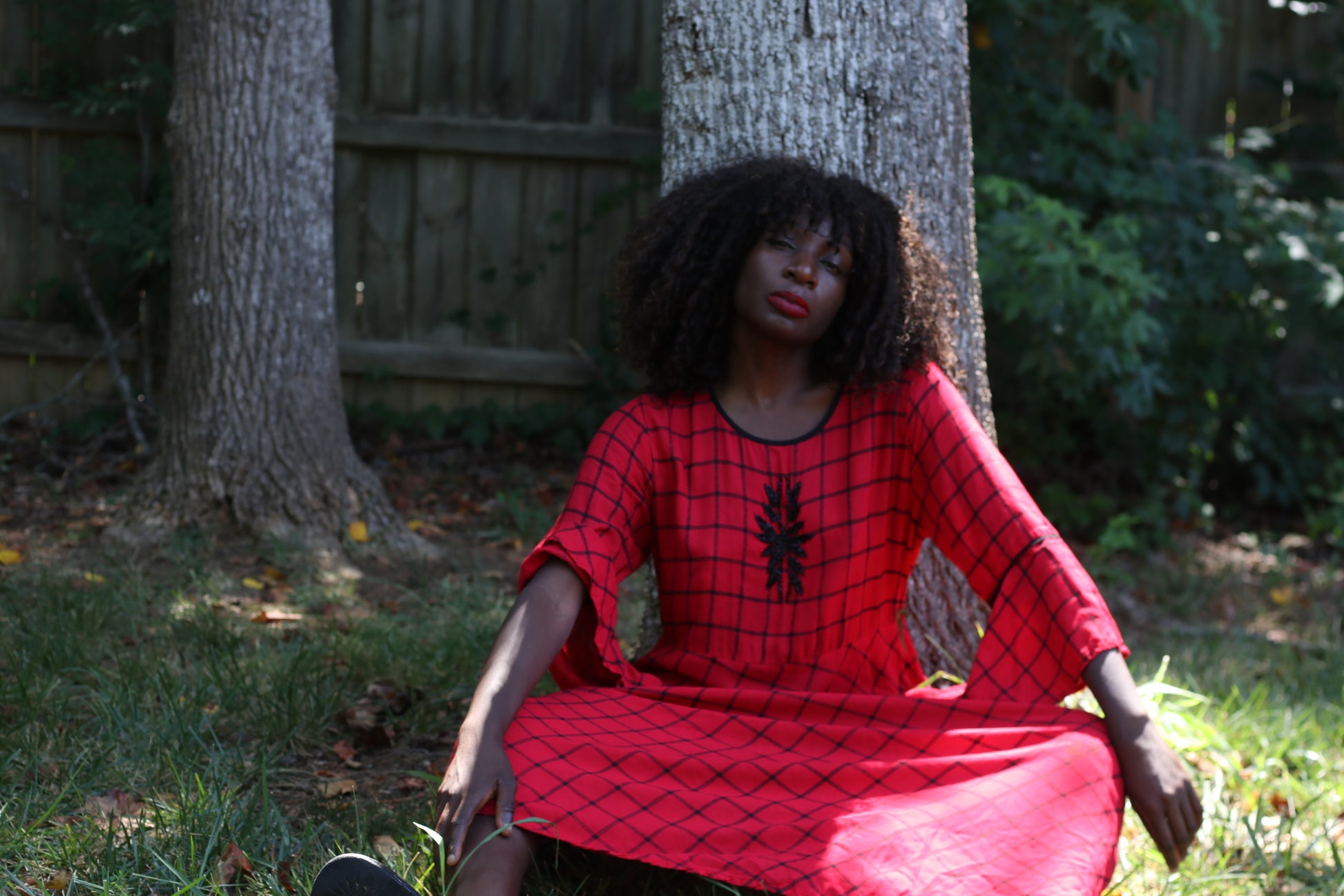 Vintage 1990s Red Plaid Bell Sleeve Maxi Dress