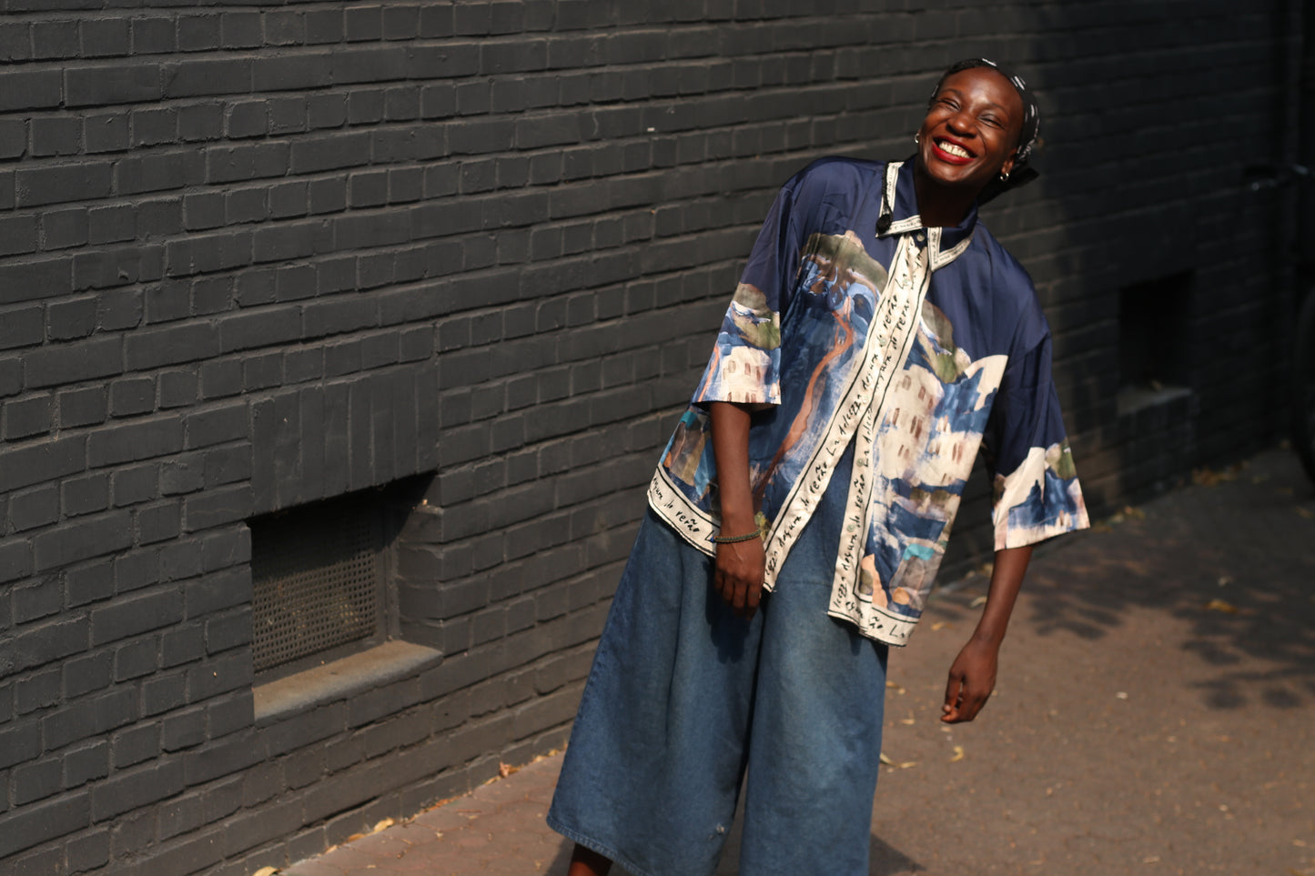 Vintage Silk Landscape Print Shirt - 90s Oversized Blue Blouse  M/L