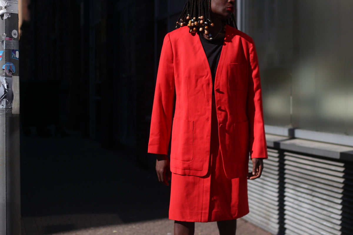 Rodier Red Wool Skirt Suit Set, Size 42, Made in France