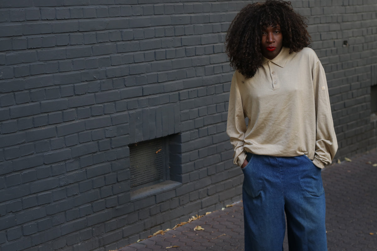 Vintage Beige Knit Polo Sweater | 90s Minimalist Wool Silk Cashmere | XL