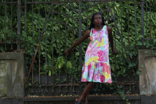Vintage 80s Floral Drop Waist Dress | Vibrant Abstract Botanical Sun Dress