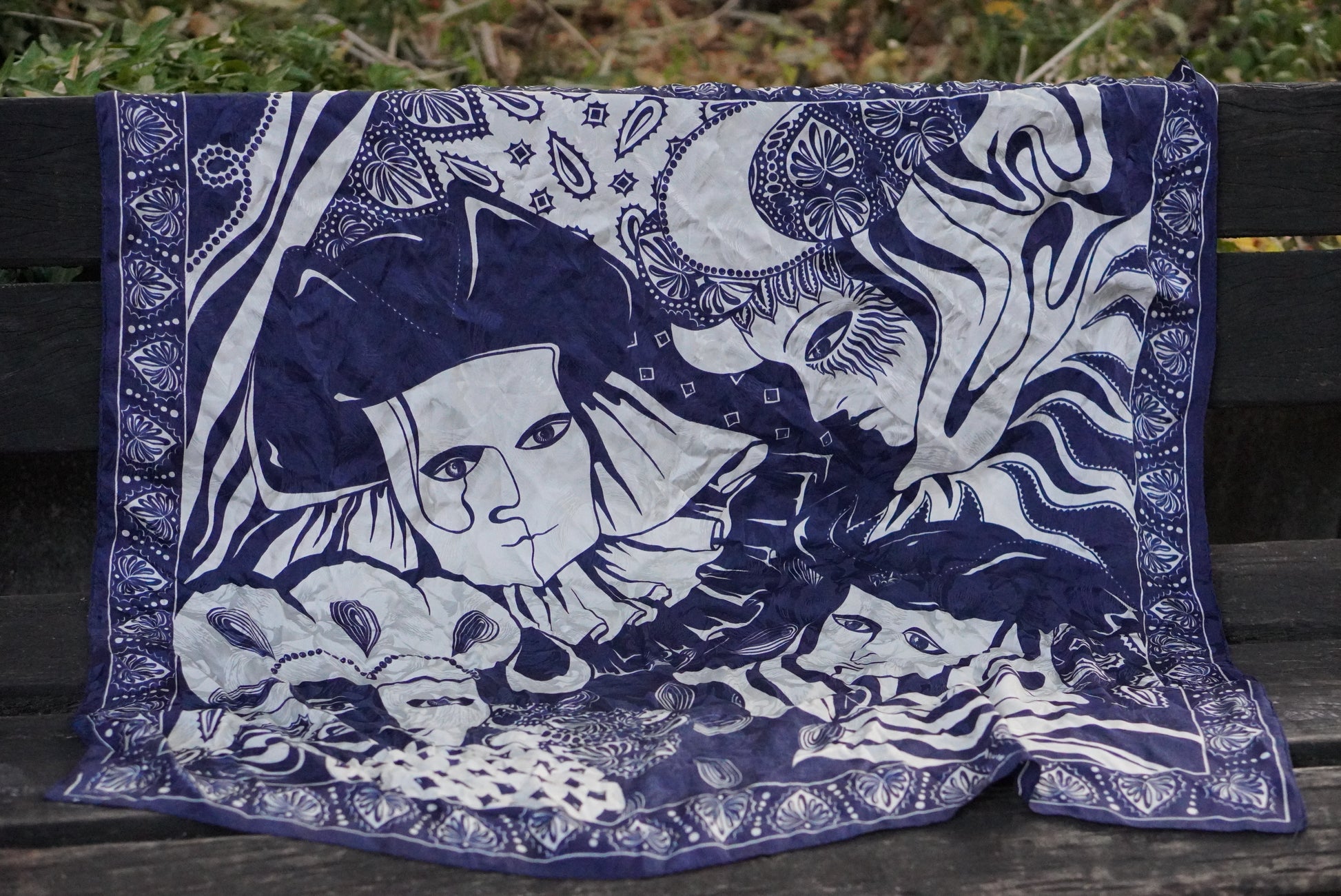 Vintage 1980s Silk Scarf Venetian Masquerade Navy Blue Jacquard Harlequin Border