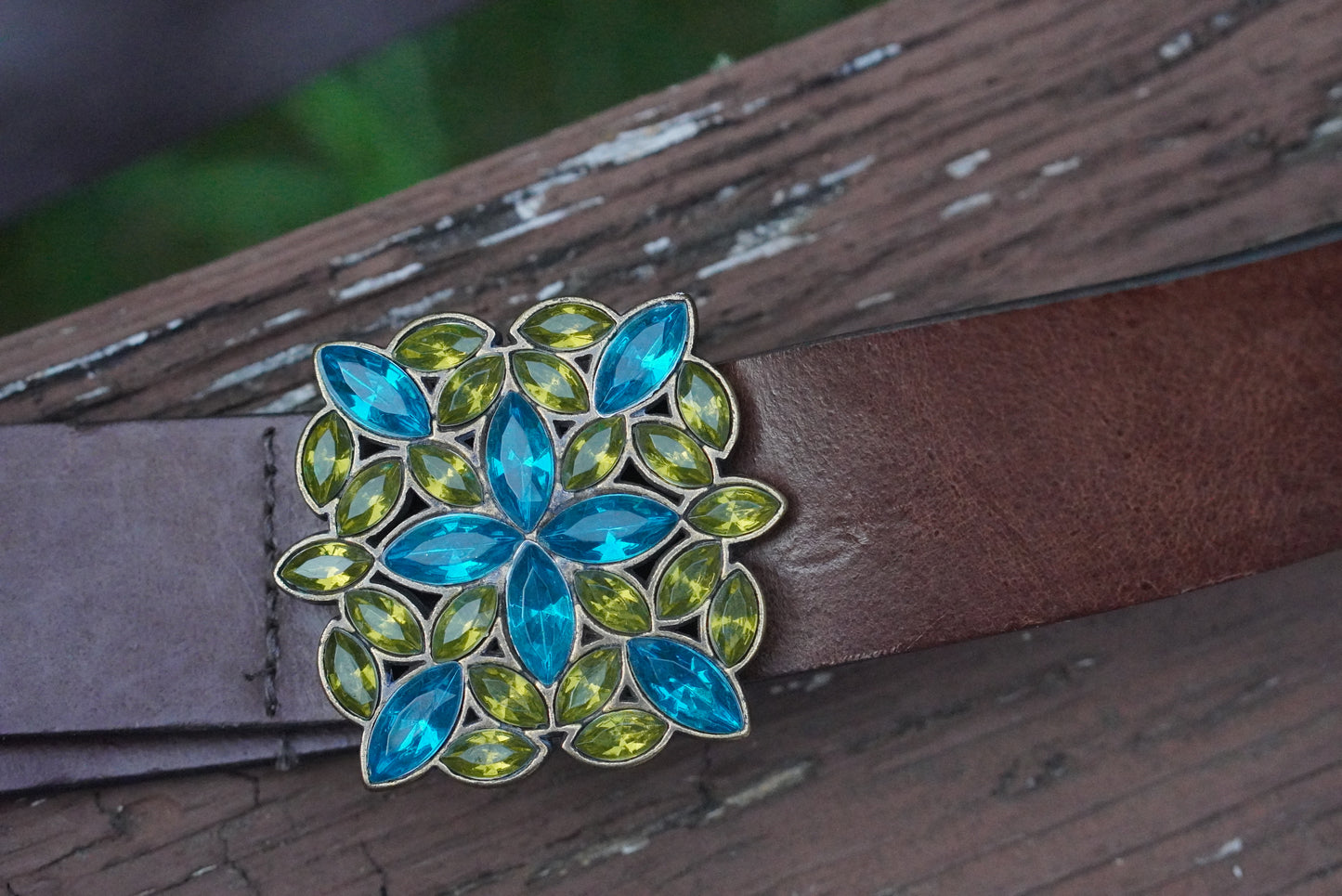Vintage Y2K Italian Leather Belt - Blue Green Rhinestone Buckle Boho