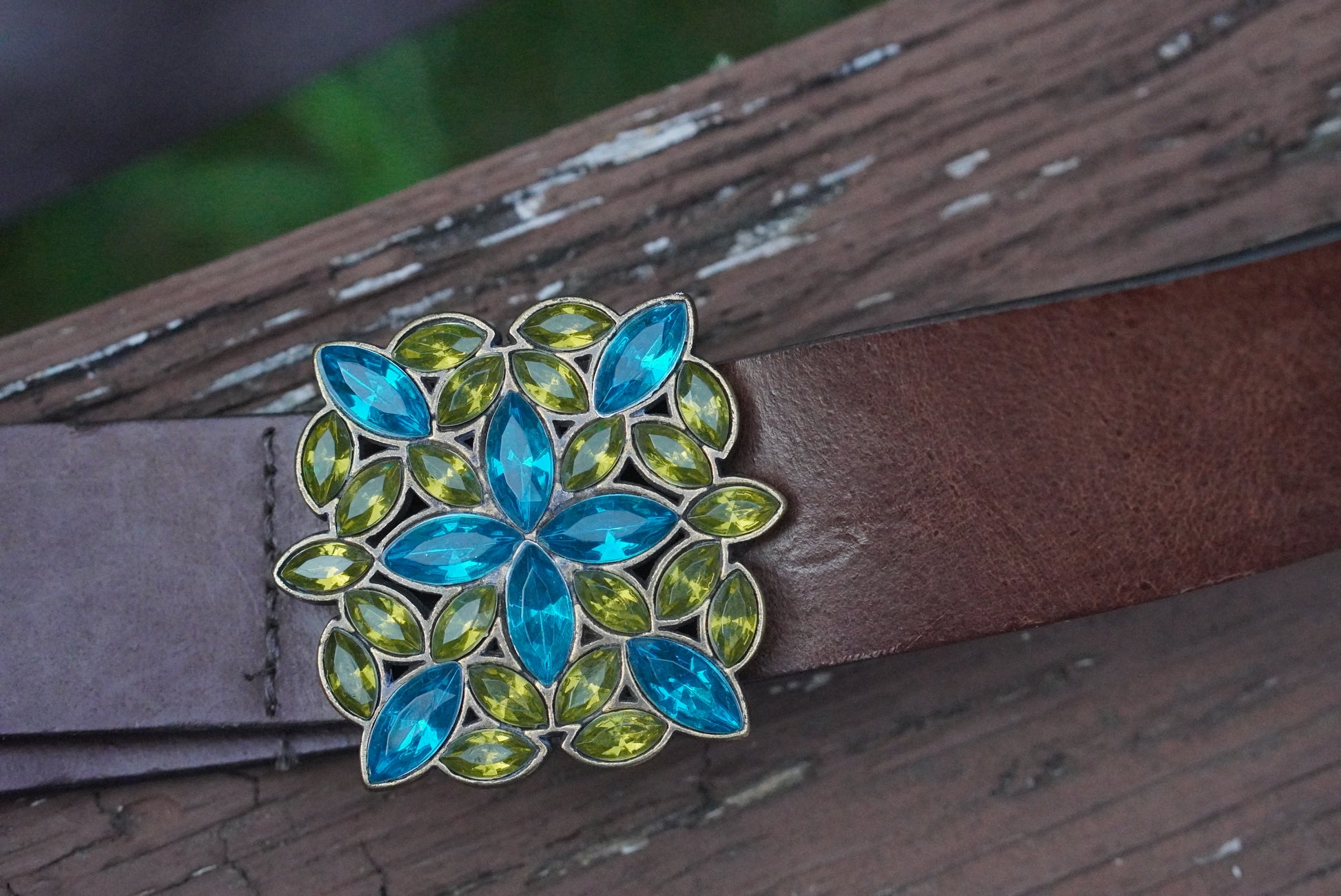 Vintage Y2K Italian Leather Belt - Blue Green Rhinestone Buckle Boho