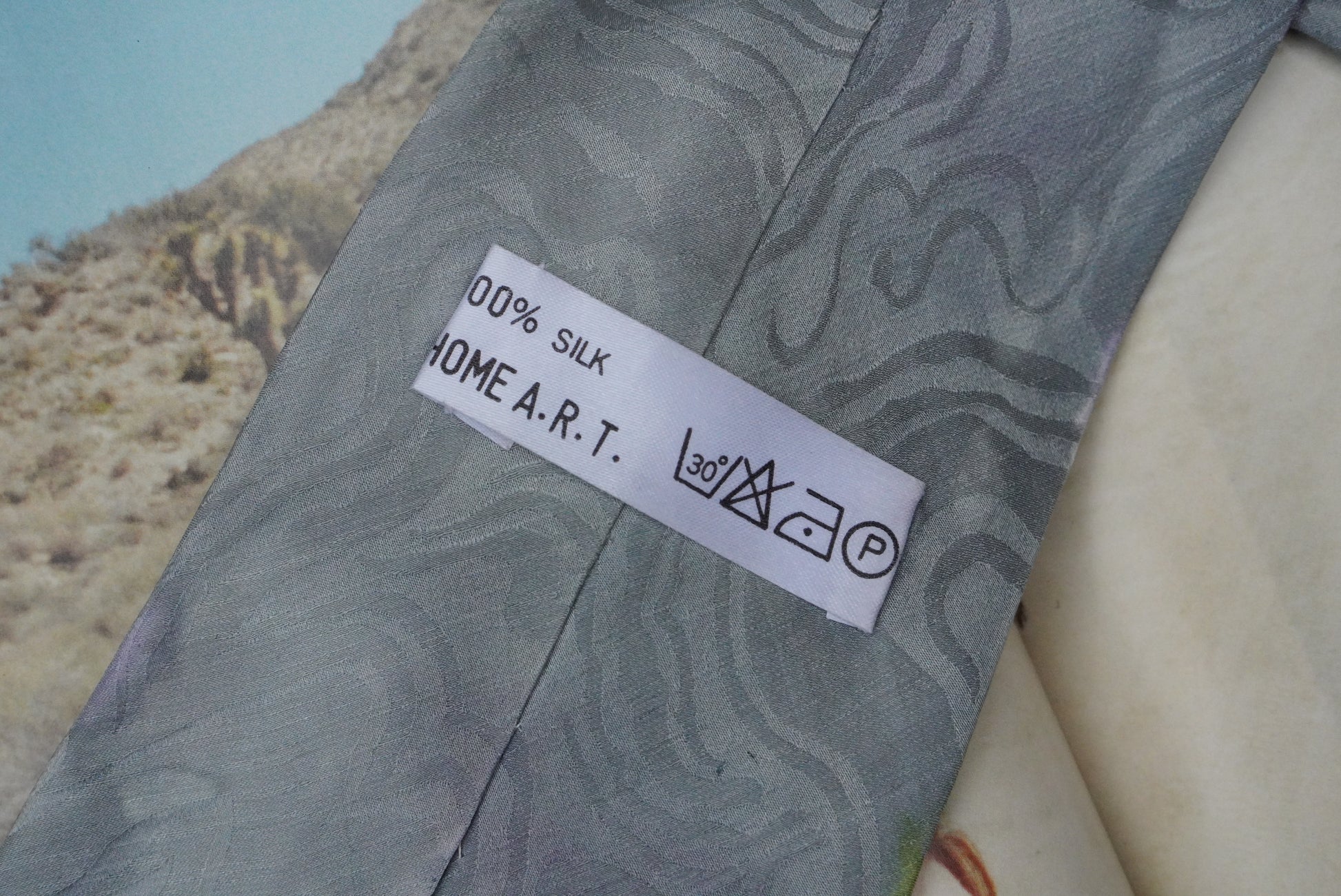 Vintage 100% Silk Tie Hand Painted Abstract Floral Purple Green Gray Art Wear Necktie