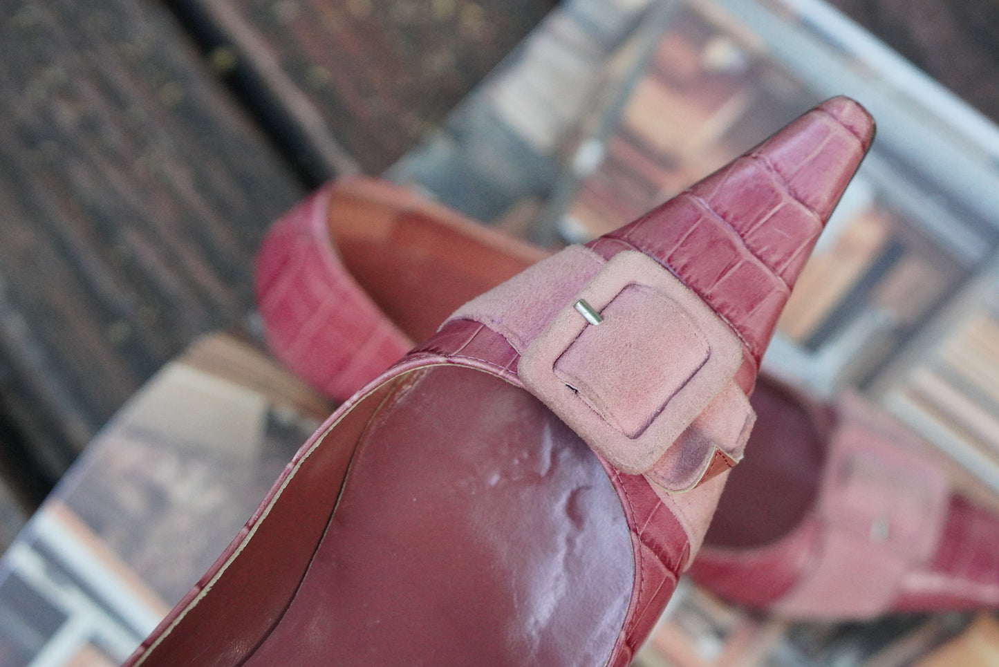 Vigneron Paris Vintage Pink Croc Pumps 38 Italy Y2K Pointed Toe Kitten Heels