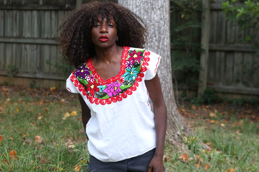 Vintage 1970s Mexican Embroidered Blouse - Boho Floral Top