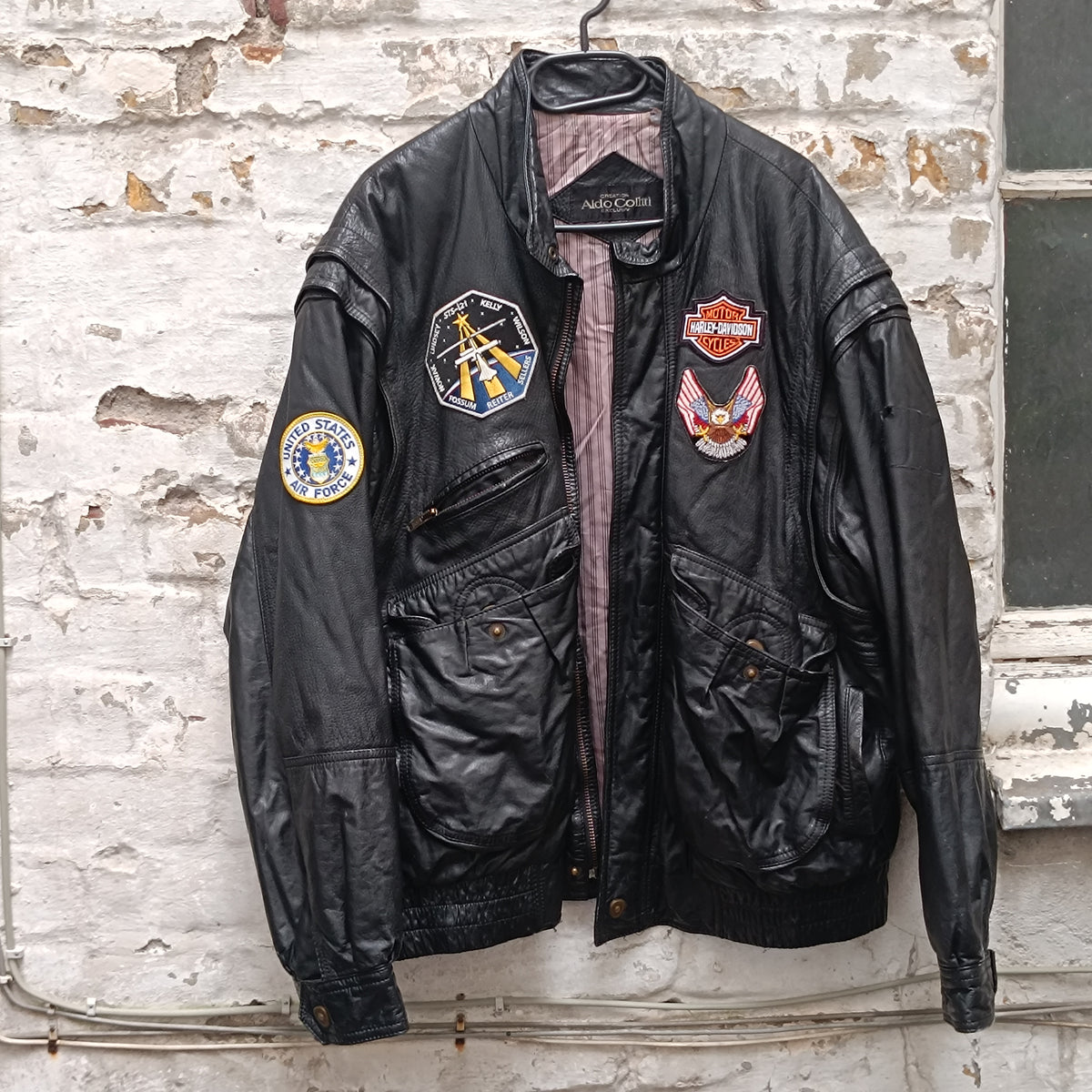 Vintage Leather Bomber Jacket - 90s Black Patch Flight Coat | L/XL