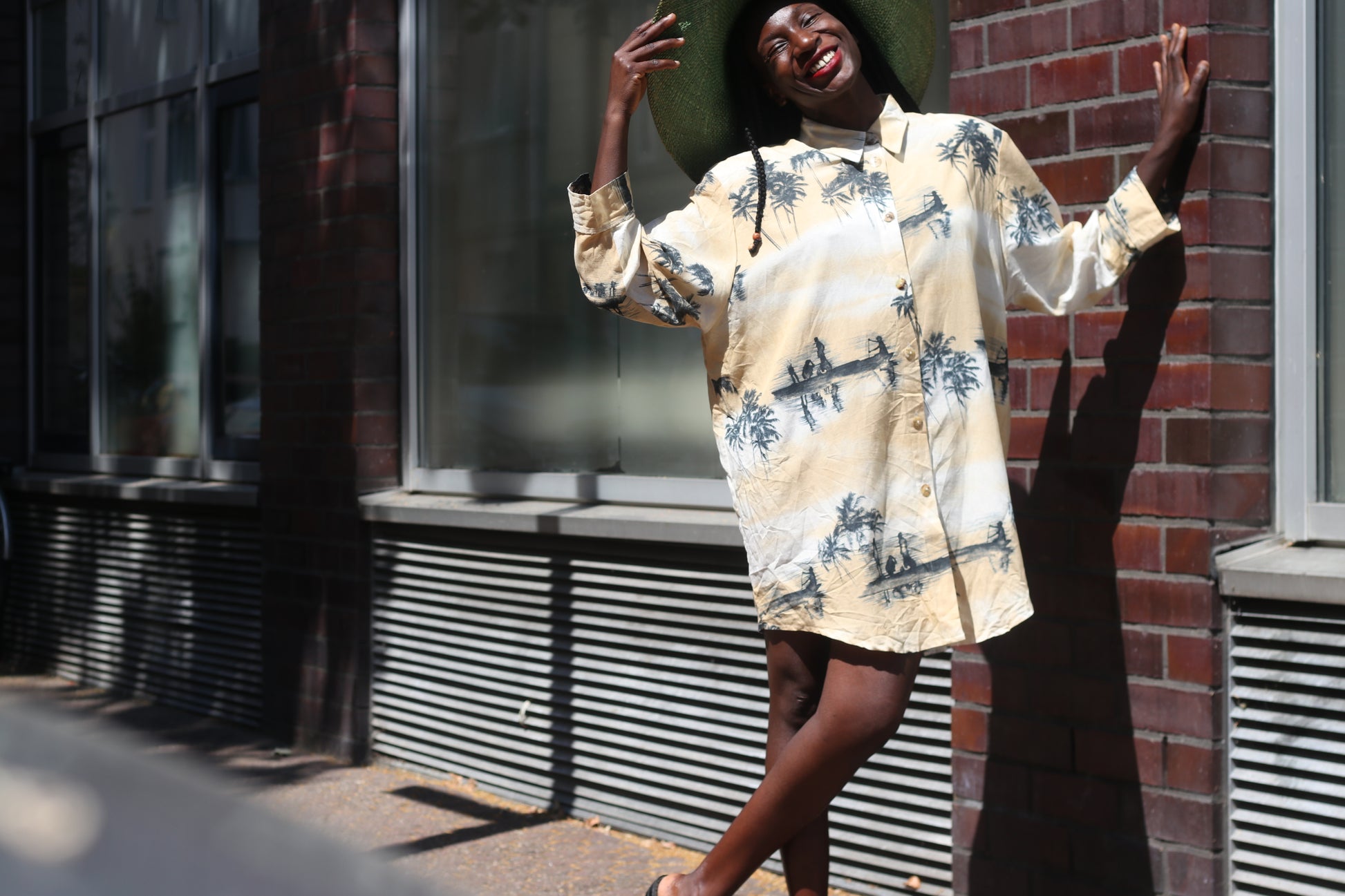 Vintage Palm Tree Shirt Dress 1990s Oversized Tropical Print Beige Long Blouse