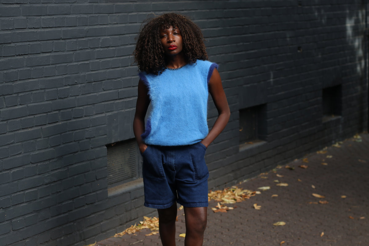 Knit Vest 80s Vintage Blue Mohair Sleeveless Sweater Top | S/M