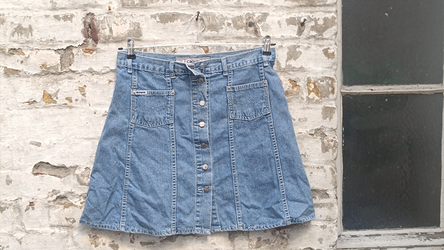 Vintage Denim Skirt Crown Jeans Company 70s 80s High Waisted Button Front A Line