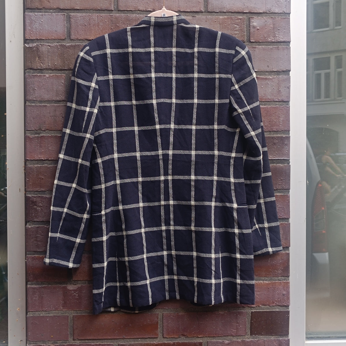 Vintage 80s Navy Plaid Blazer | Oversized Boxy Windowpane Jacket