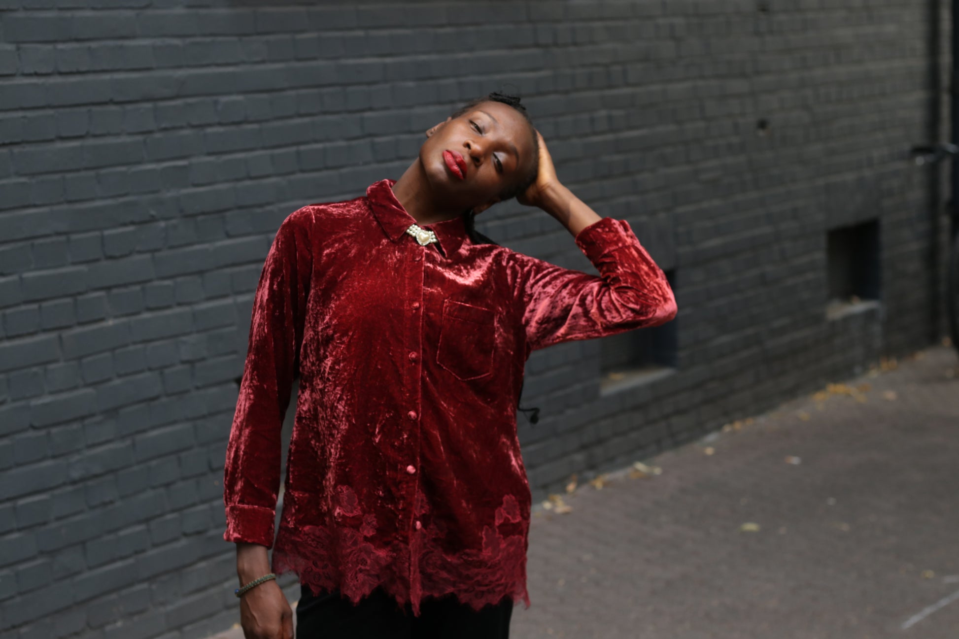  Vintage Gothic Red Velvet Top  | 90s Lace Hem Button Up S