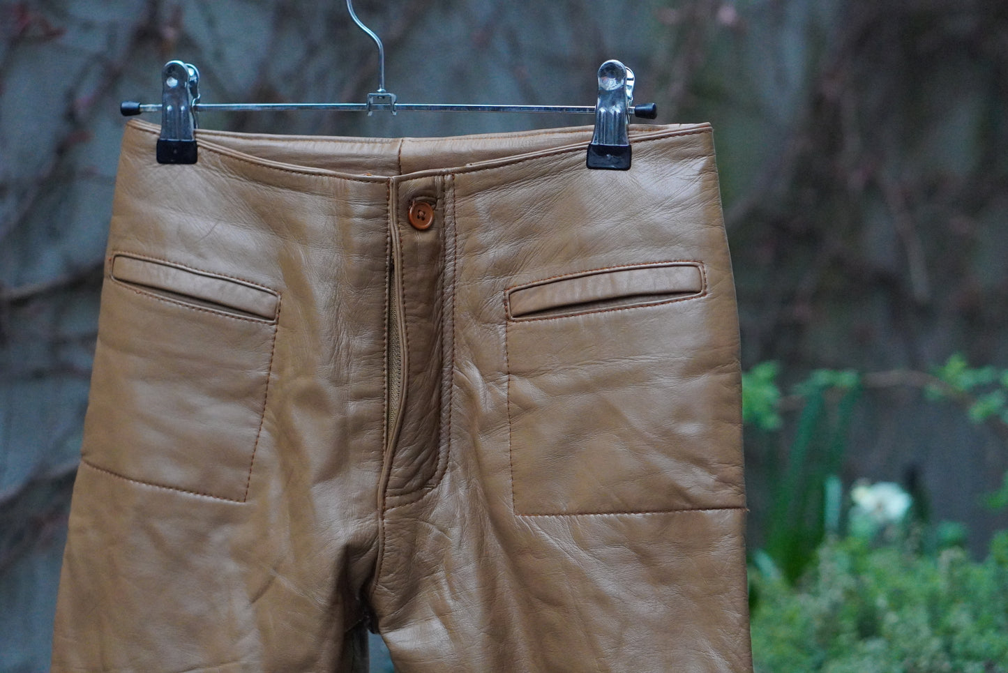 Vintage 70s Tan Brown Leather Trousers - Slim Fit Pants Size 27