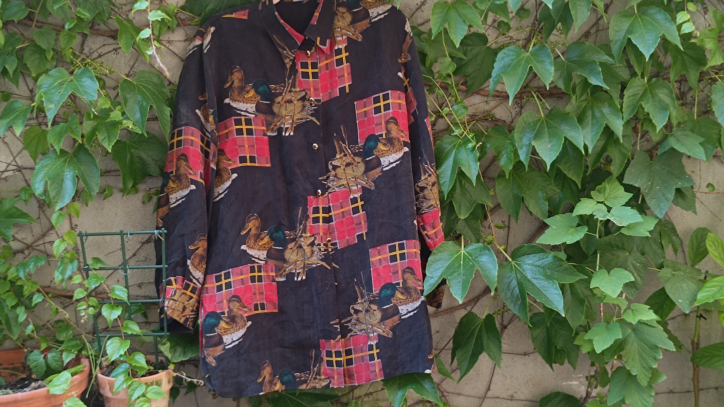 Vintage 90s Duck Pattern Shirt - Retro Plaid Button Up Blouse - L