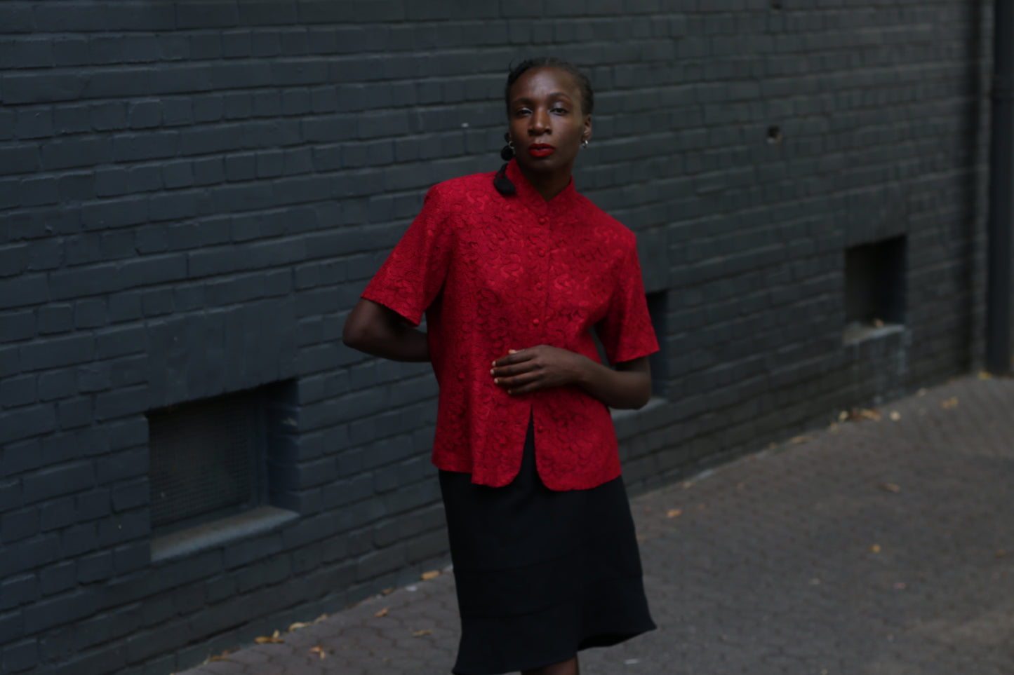 Red Lace Blouse Vintage 90s Mandarin Collar Shirt Short Sleeve | Fits S/M