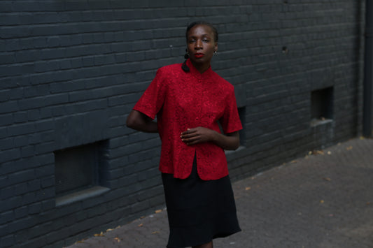 Red Lace Blouse Vintage 90s Mandarin Collar Shirt Short Sleeve | Fits S/M