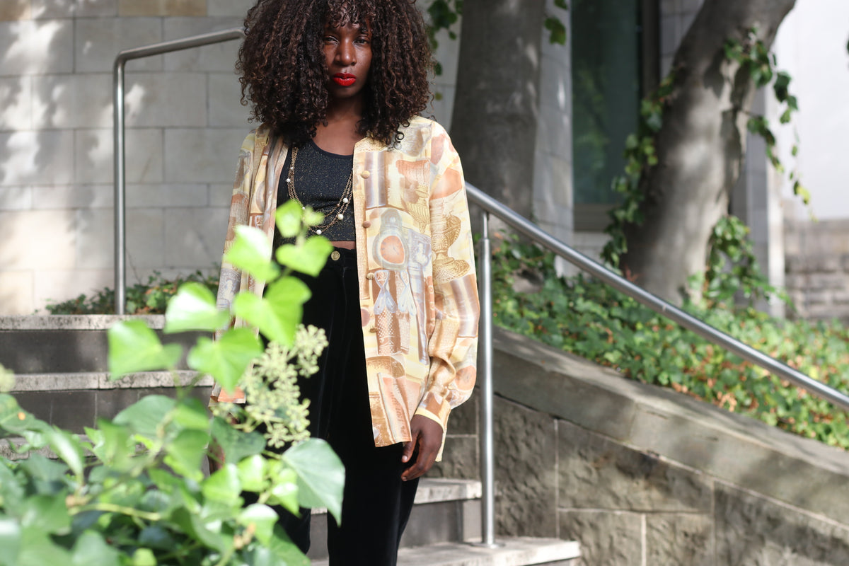 Vintage Silk Blend Blouse | 90s Sepia Antique Print Gold Shirt S/M