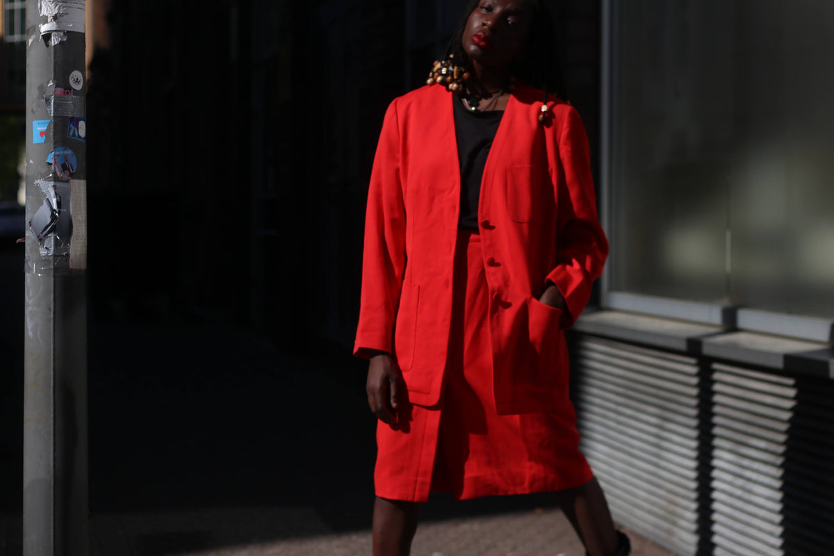 Rodier Red Wool Skirt Suit Set, Size 42, Made in France