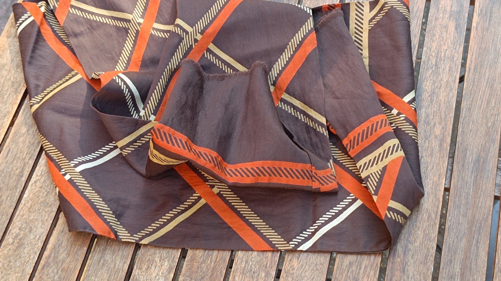 Pelo Vintage 70s Wool Silk Geometric Scarf - Brown Orange Plaid Wrap