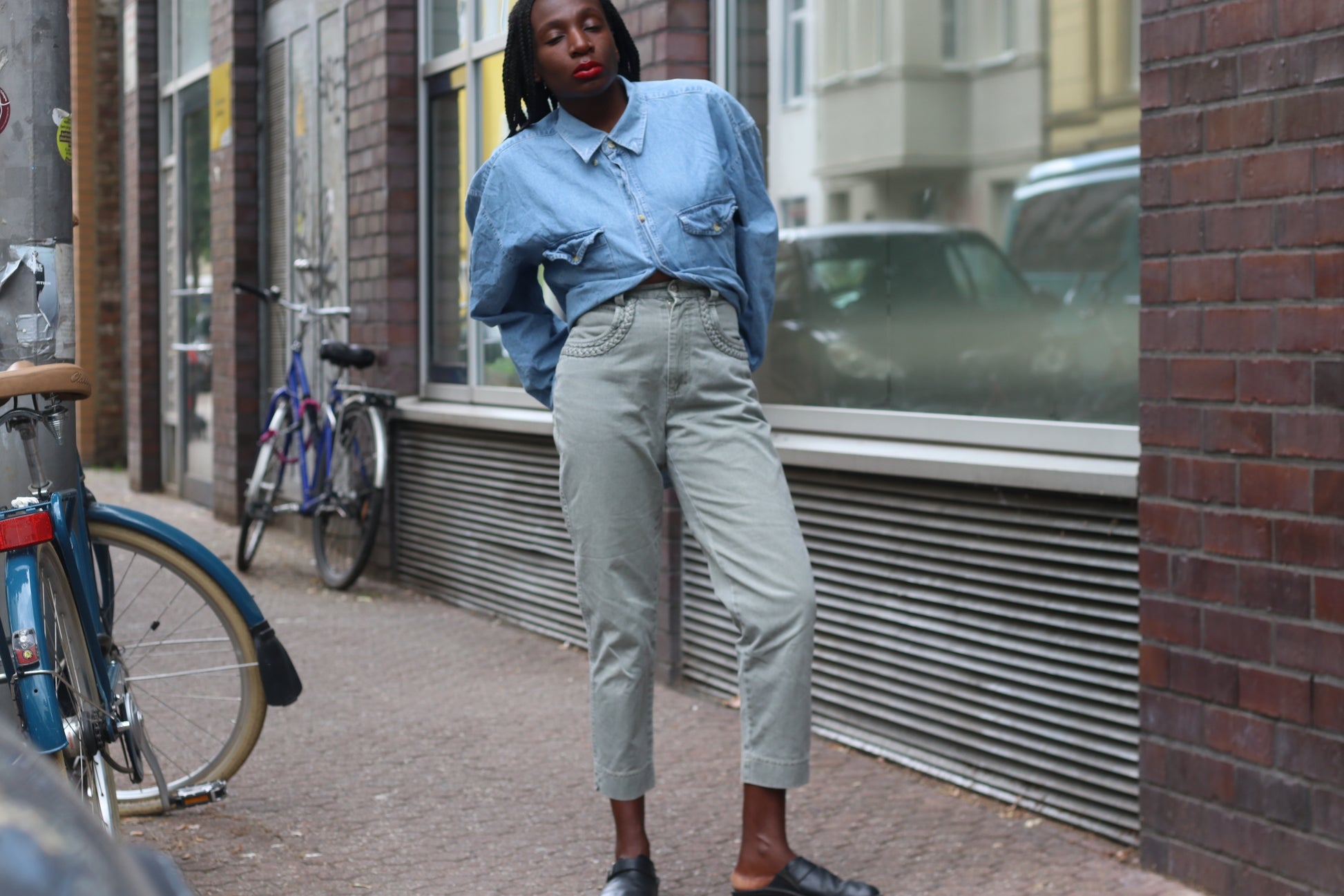 Vintage 1980s High Waisted Pants Sage Green Braided Pocket Tapered Denim Trousers