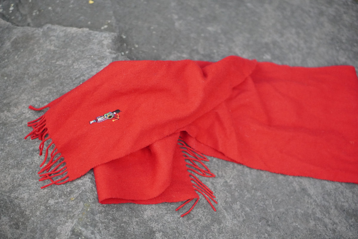 Red Wool Scarf - Vintage 80s Embroidered Bagpiper Fringed Scarf | One Size