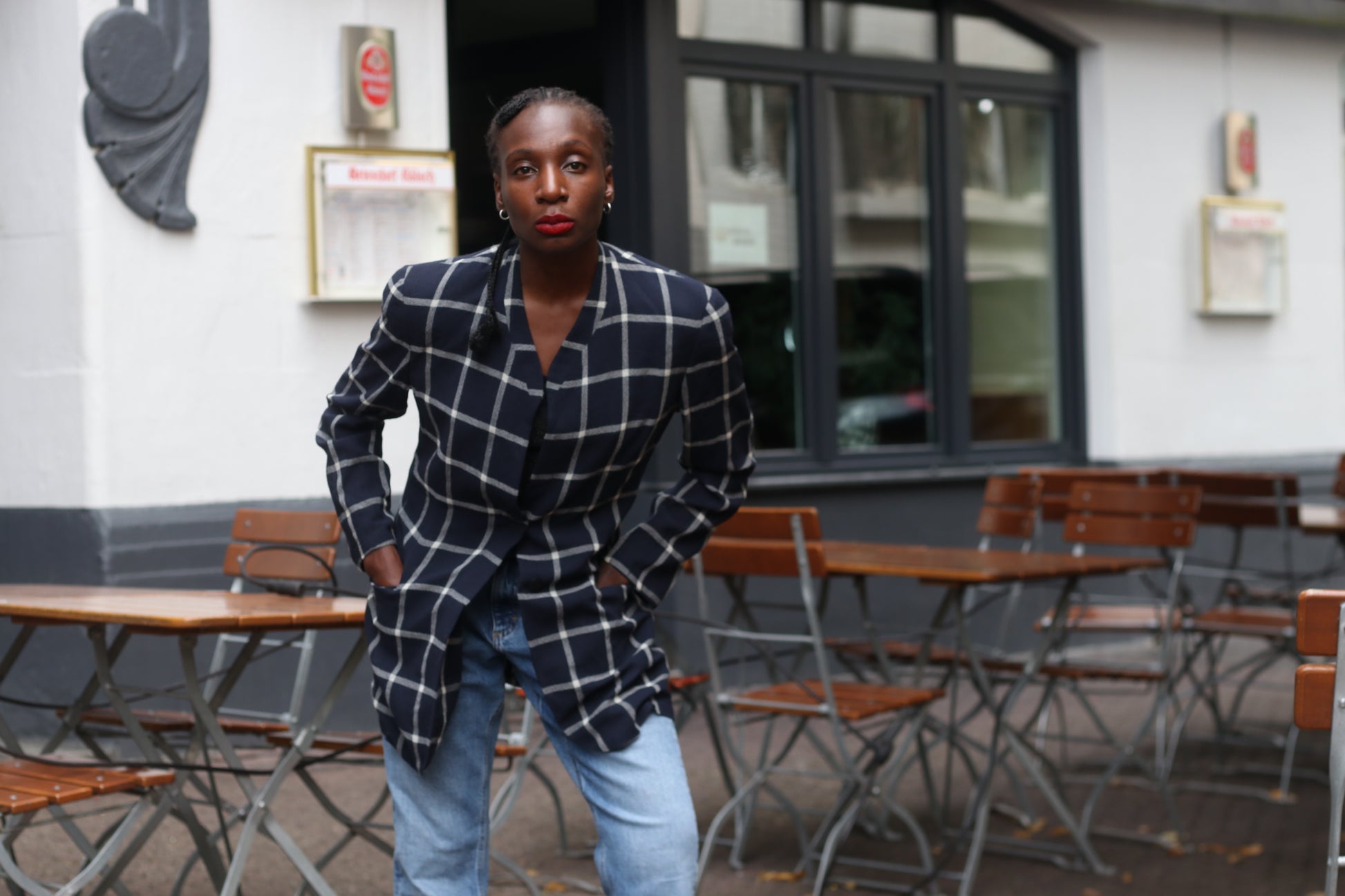 Vintage 80s Navy Plaid Blazer | Oversized Boxy Windowpane Jacket