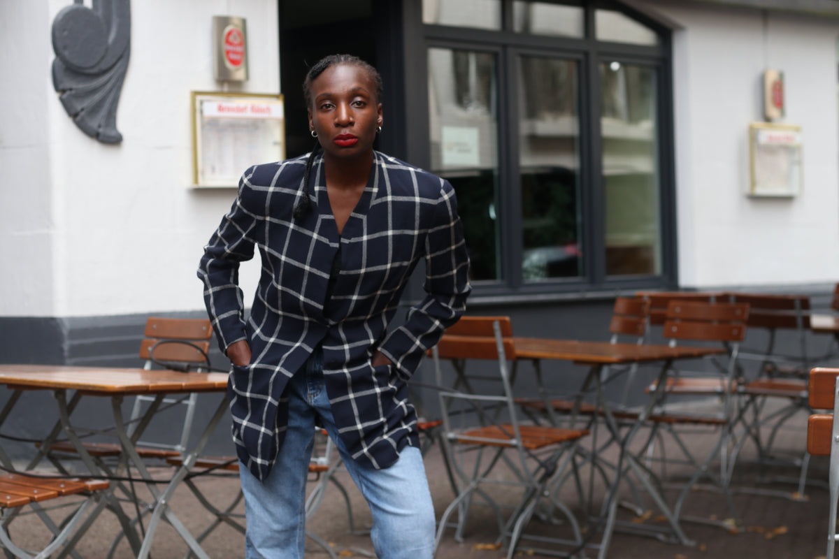 Vintage 80s Navy Plaid Blazer | Oversized Boxy Windowpane Jacket