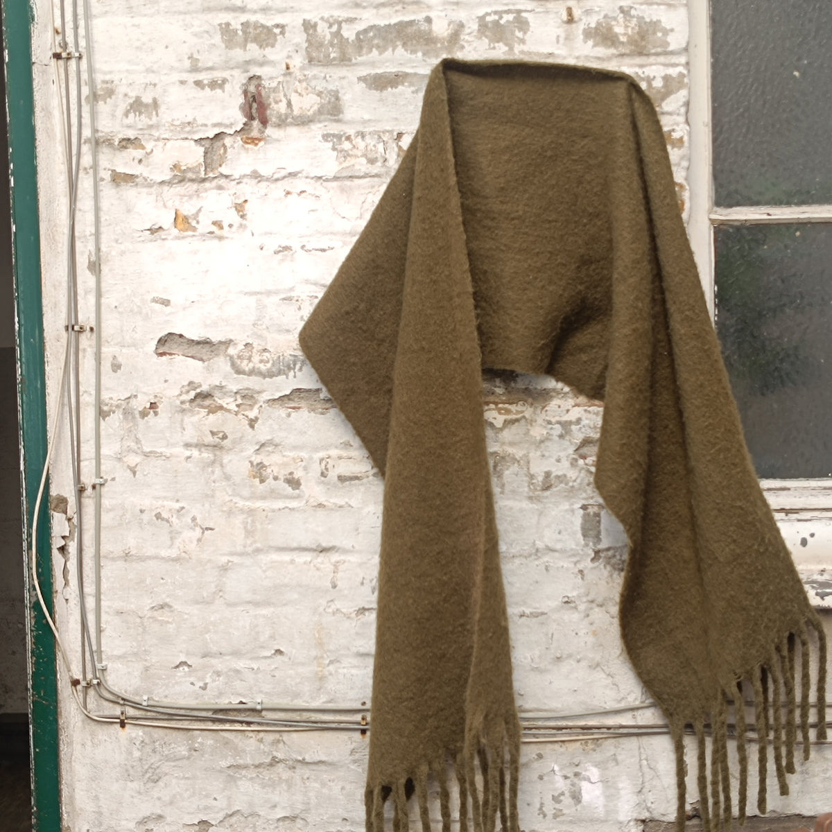 Vintage Olive Green Fringe Scarf | Cozy Winter Knit | Unisex Accessories
