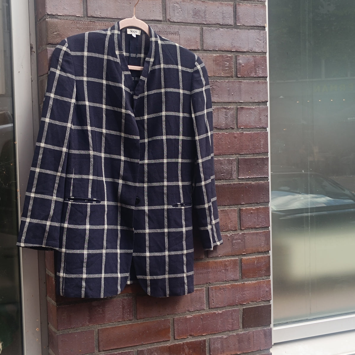 Vintage 80s Navy Plaid Blazer | Oversized Boxy Windowpane Jacket