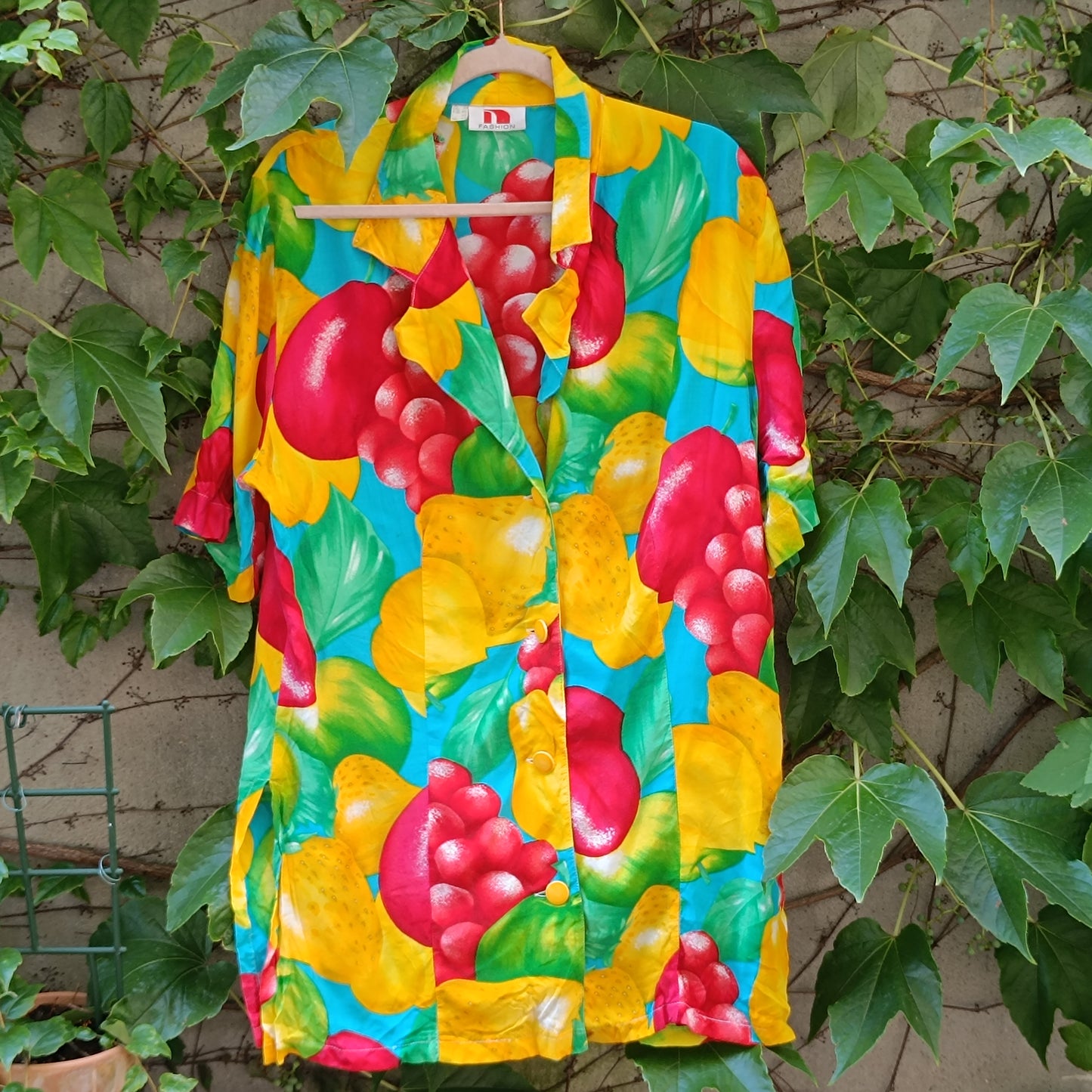 Vintage 90s Fruit Print Shirt Dress - Vibrant Oversized Summer Tunic