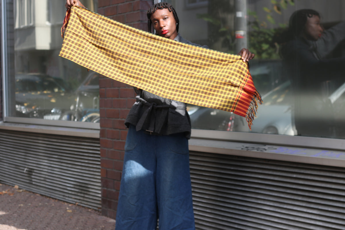Vintage Plaid Scarf | 90s Yellow Fringe Wrap | Retro Unisex Stole