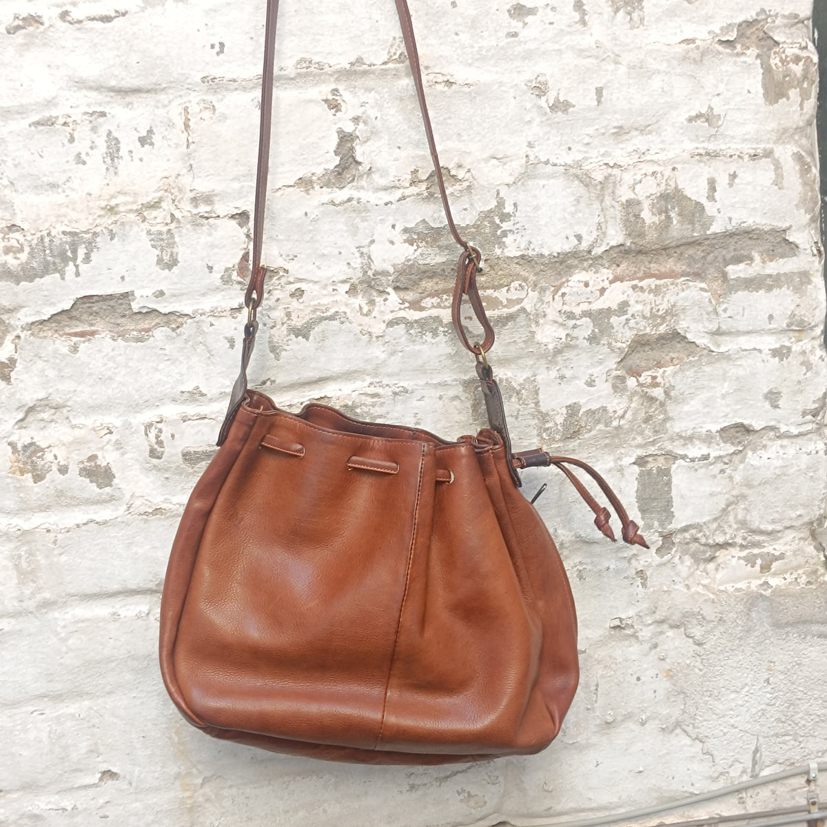 Vintage Cognac Leather Bucket Bag | 80s Drawstring Crossbody Purse