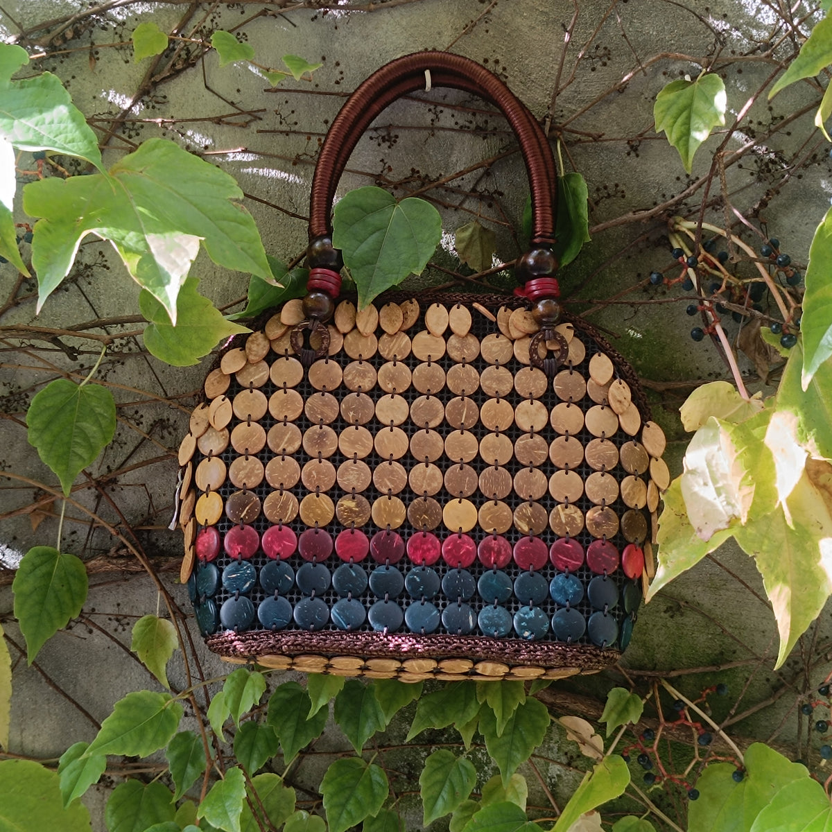 Coconut Shell Bag | Vintage 90s Boho Beaded Handbag | Natural Brown Red