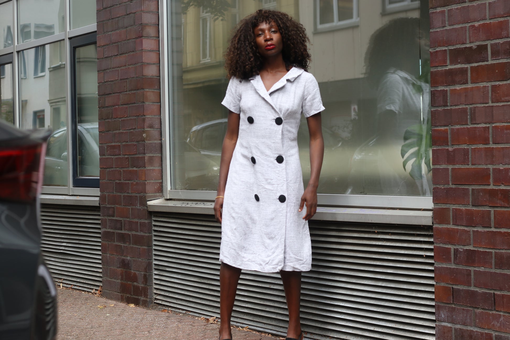 Linen Look Dress | 70s Vintage Double Breasted Midi | Light Grey S/M