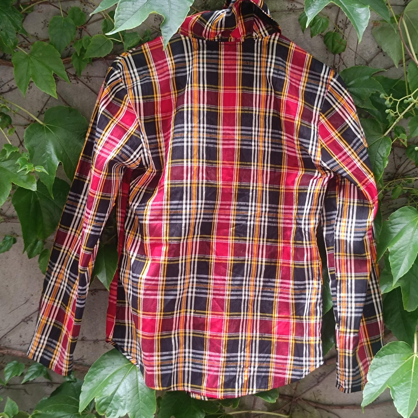 Vintage 90s Plaid Blouse - Red Tartan Draped Collar Shirt Raybold