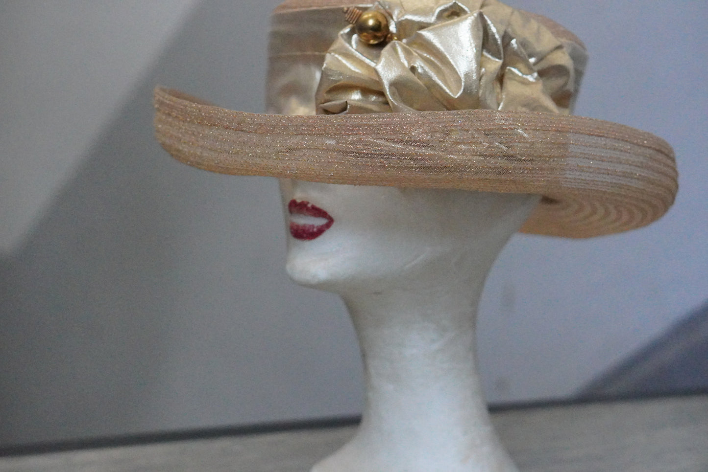 Gold Wide Brim Hat | 1980s Vintage Metallic Formal Fascinator