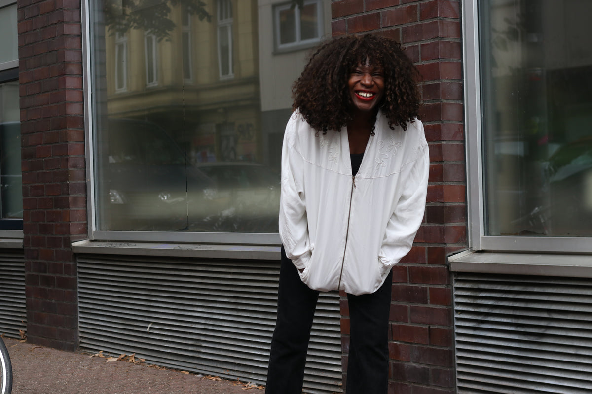 Vintage 80s Piretta White Embroidered Bomber Jacket | Oversized Zip Up M