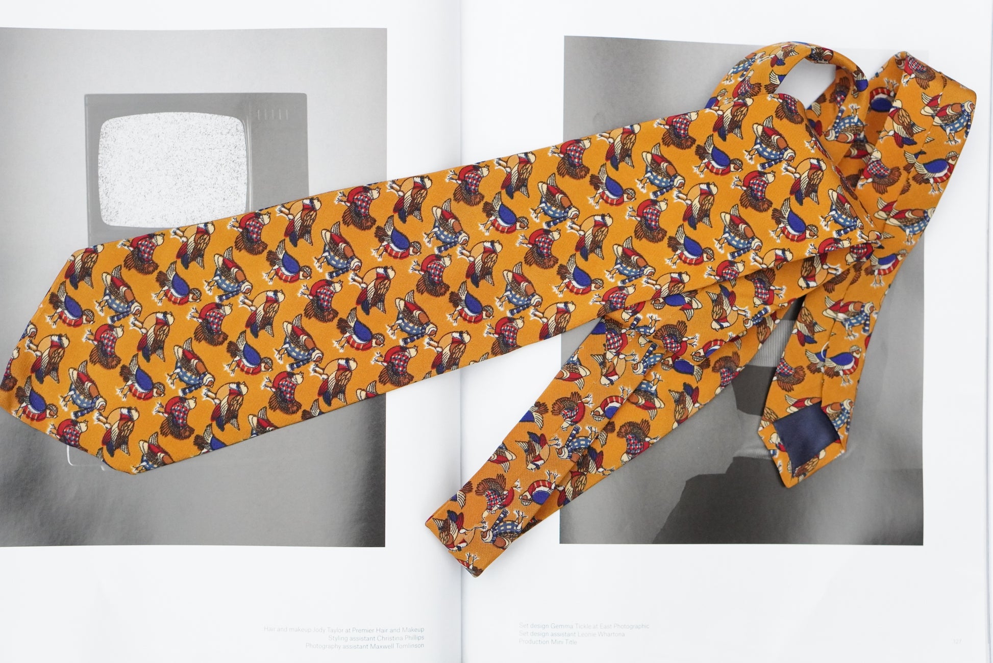 Vintage Mustard Yellow Silk Tie Italian Novelty Bird Print 1990s Mens Necktie