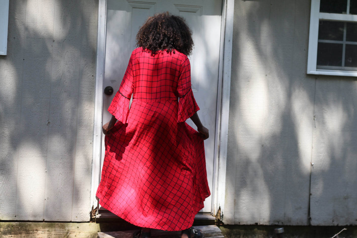 Vintage 1990s Red Plaid Bell Sleeve Maxi Dress