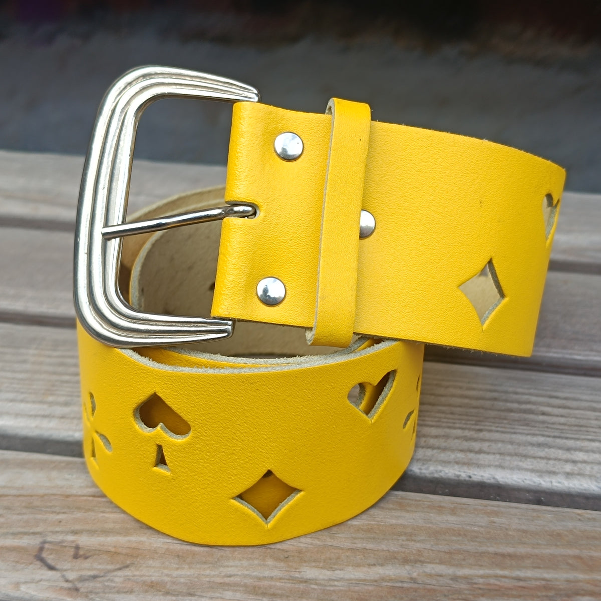 Vintage 90s Yellow Leather Belt - Playing Card Suit Cutouts