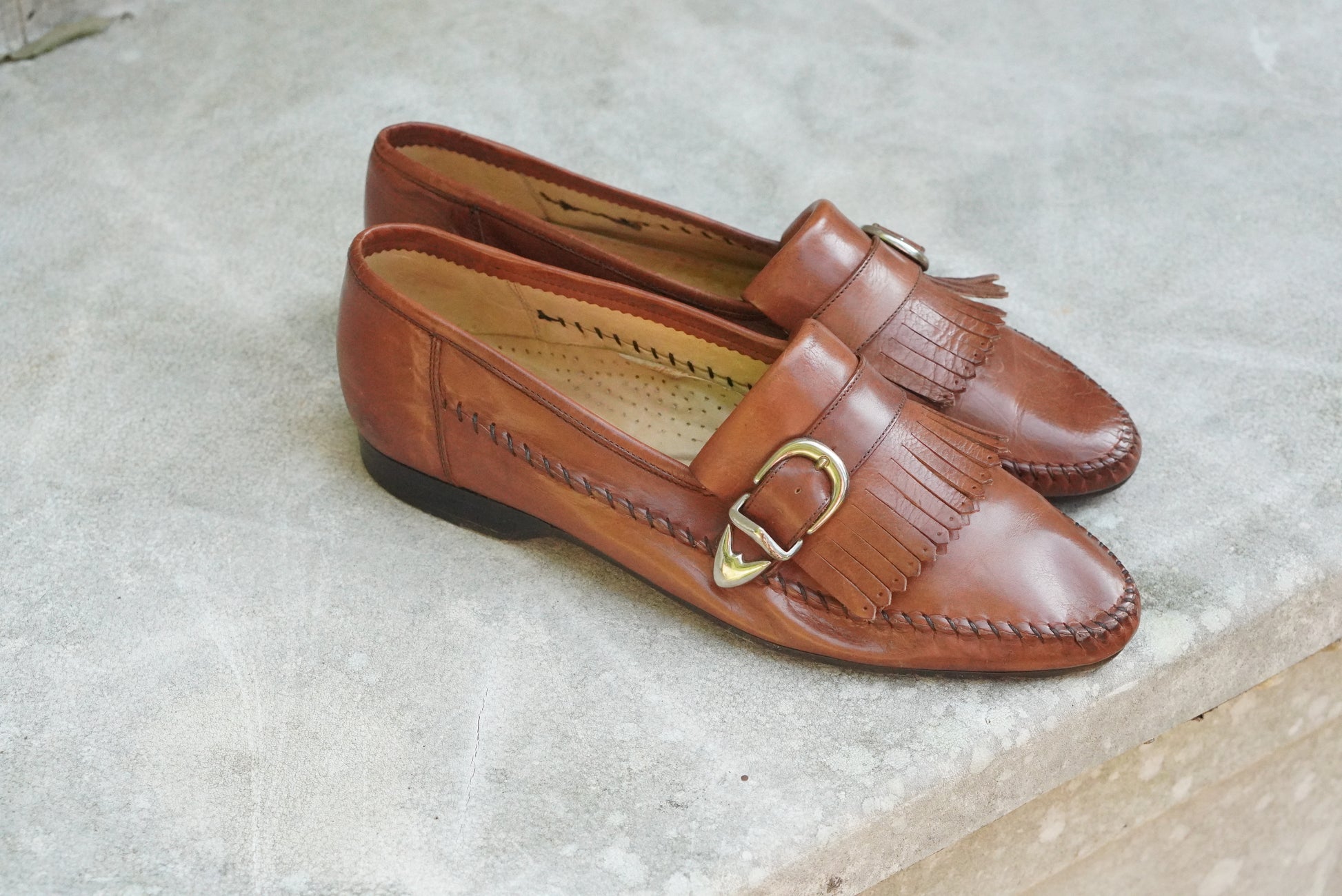 Maraolo Vintage Italian Leather Loafers - Brown Kiltie Fringed Buckle Shoes