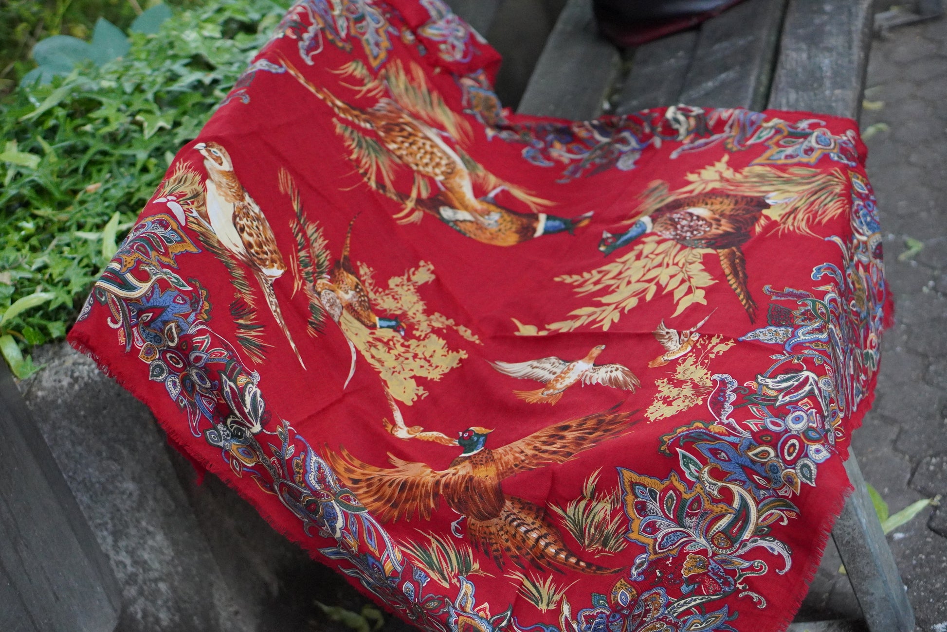 Vintage Red Wool Scarf Paisley Pheasant Shawl 1980s Folk Fringe Wrap Square Large