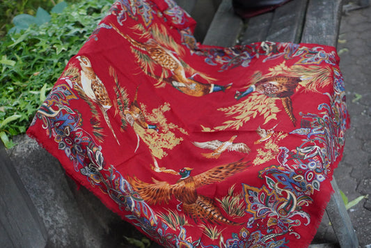 Vintage Red Wool Scarf Paisley Pheasant Shawl 1980s Folk Fringe Wrap Square Large
