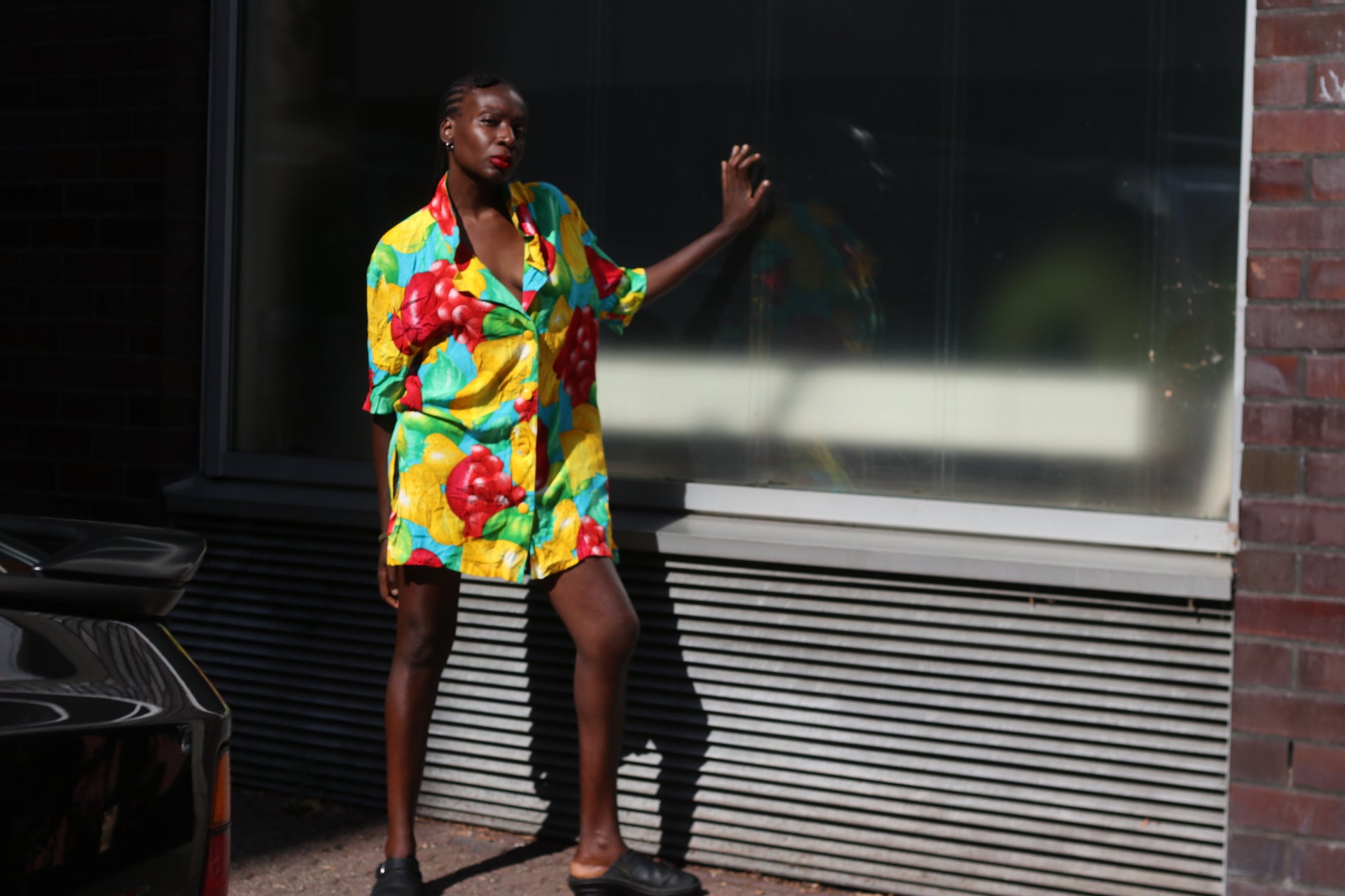 Vintage 90s Fruit Print Shirt Dress - Vibrant Oversized Summer Tunic