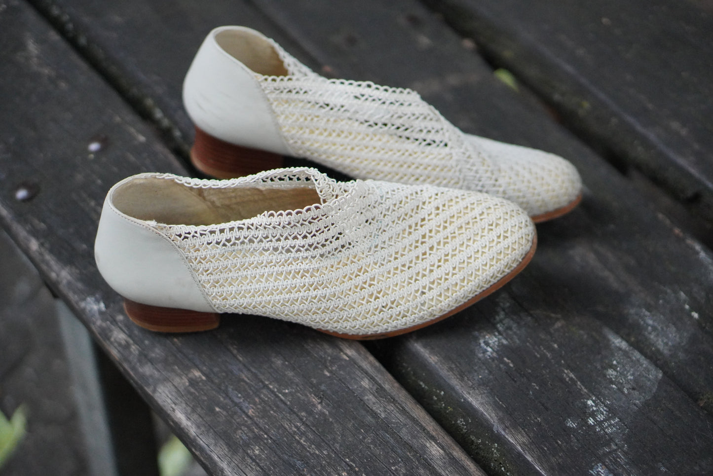 Anna K Vintage 1980s White Mesh Crochet Woven Block Heel Pumps Summer Shoes Size 39