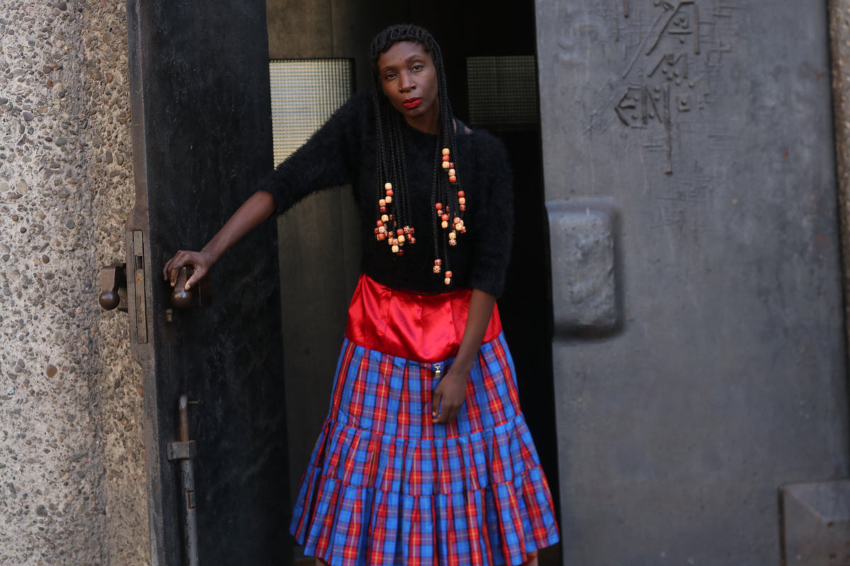 Vintage Tartan Midi Skirt 80s plaid tiered red blue fits L