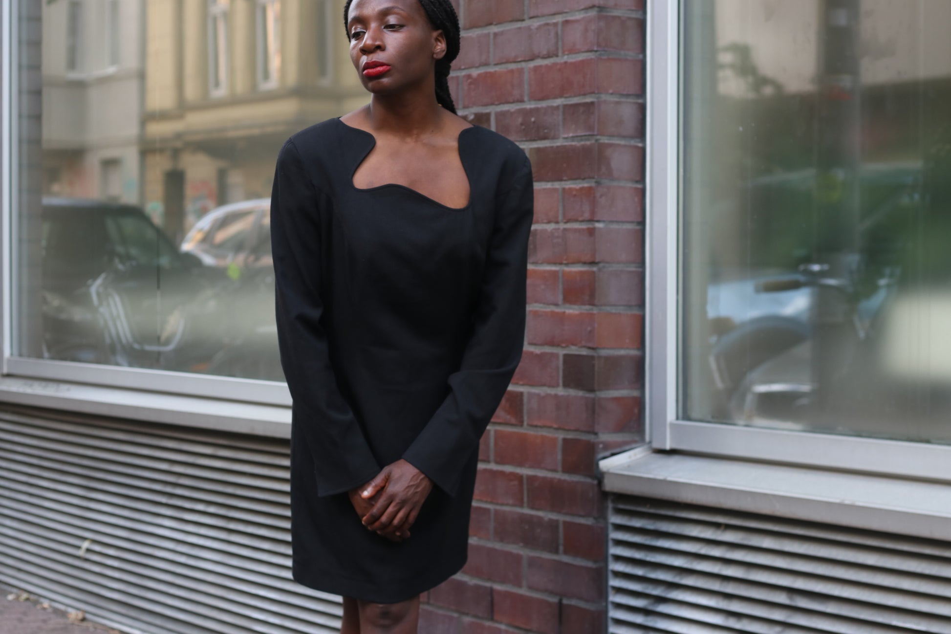 Madeleine Vintage 90s Dress Black Wavy Square Neck Asymmetric Avant Garde LBD M