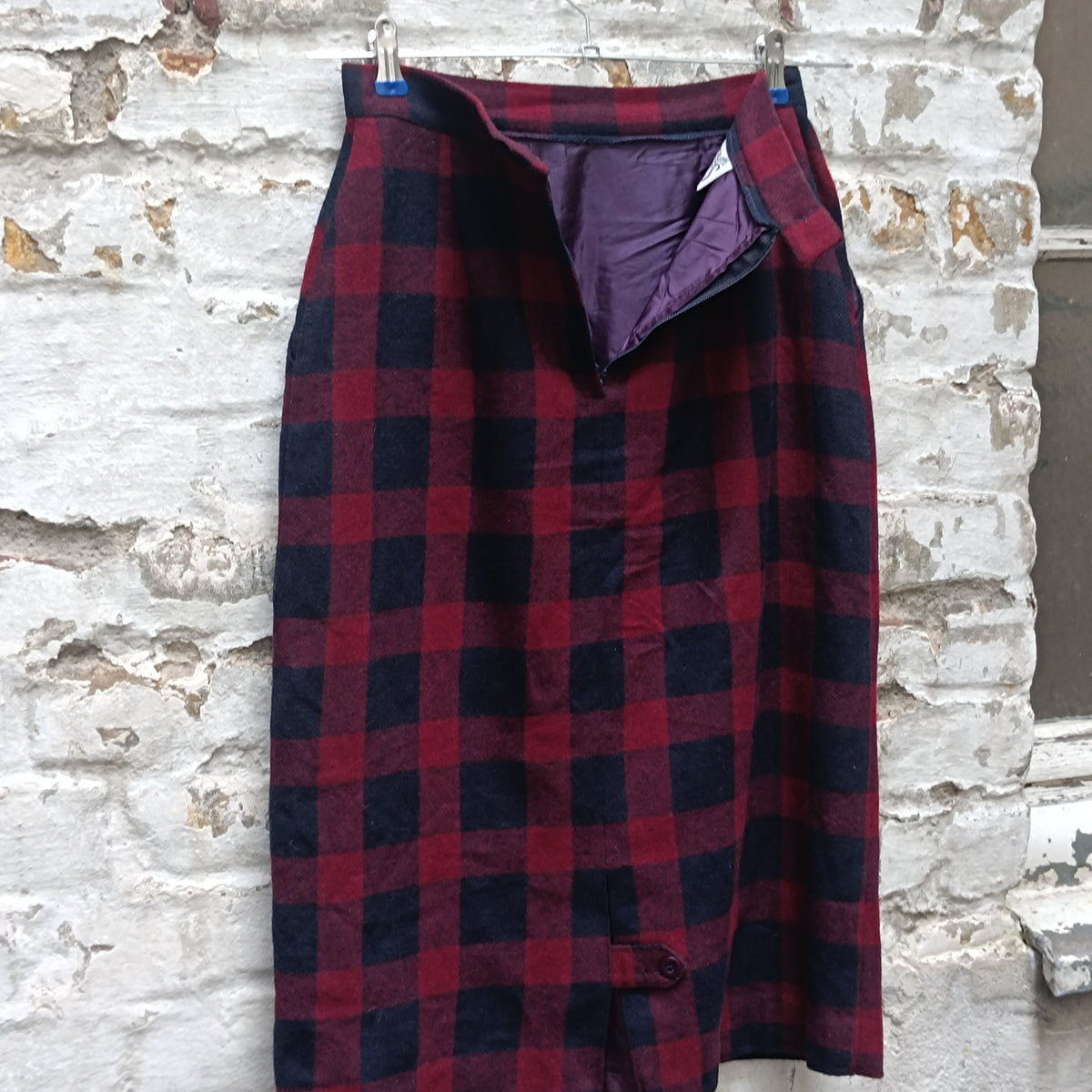 Vintage Plaid Wool Pencil Skirt | 90s Red Navy Midi Skirt XS to S
