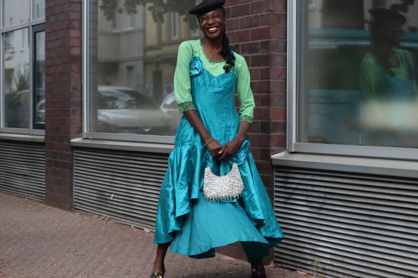 Vintage Y2K Teal Blue Rosette High Low Midi Dress - Party Gown M to L